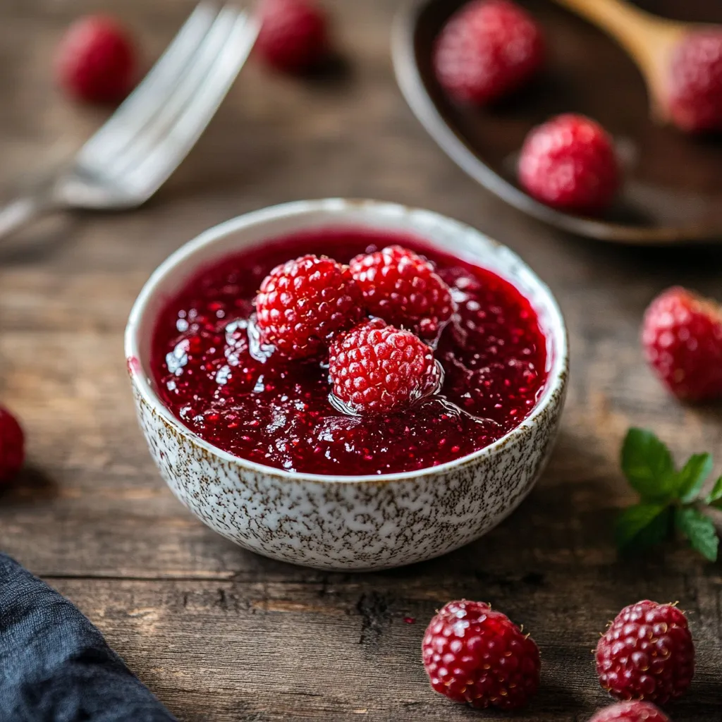 Una tazza piena di frutta frullata e lamponi freschi.