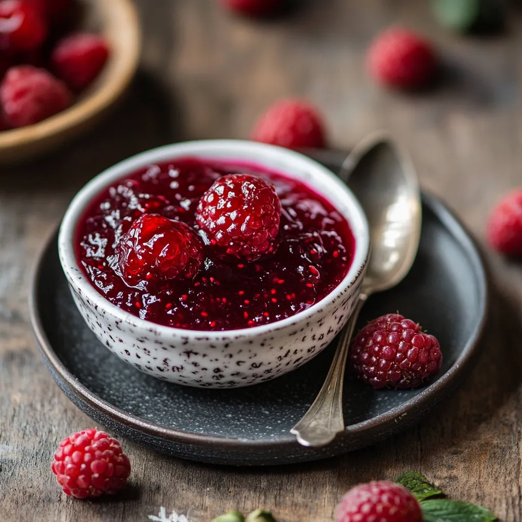 Tazza con frullato di lamponi e altra frutta rossa.