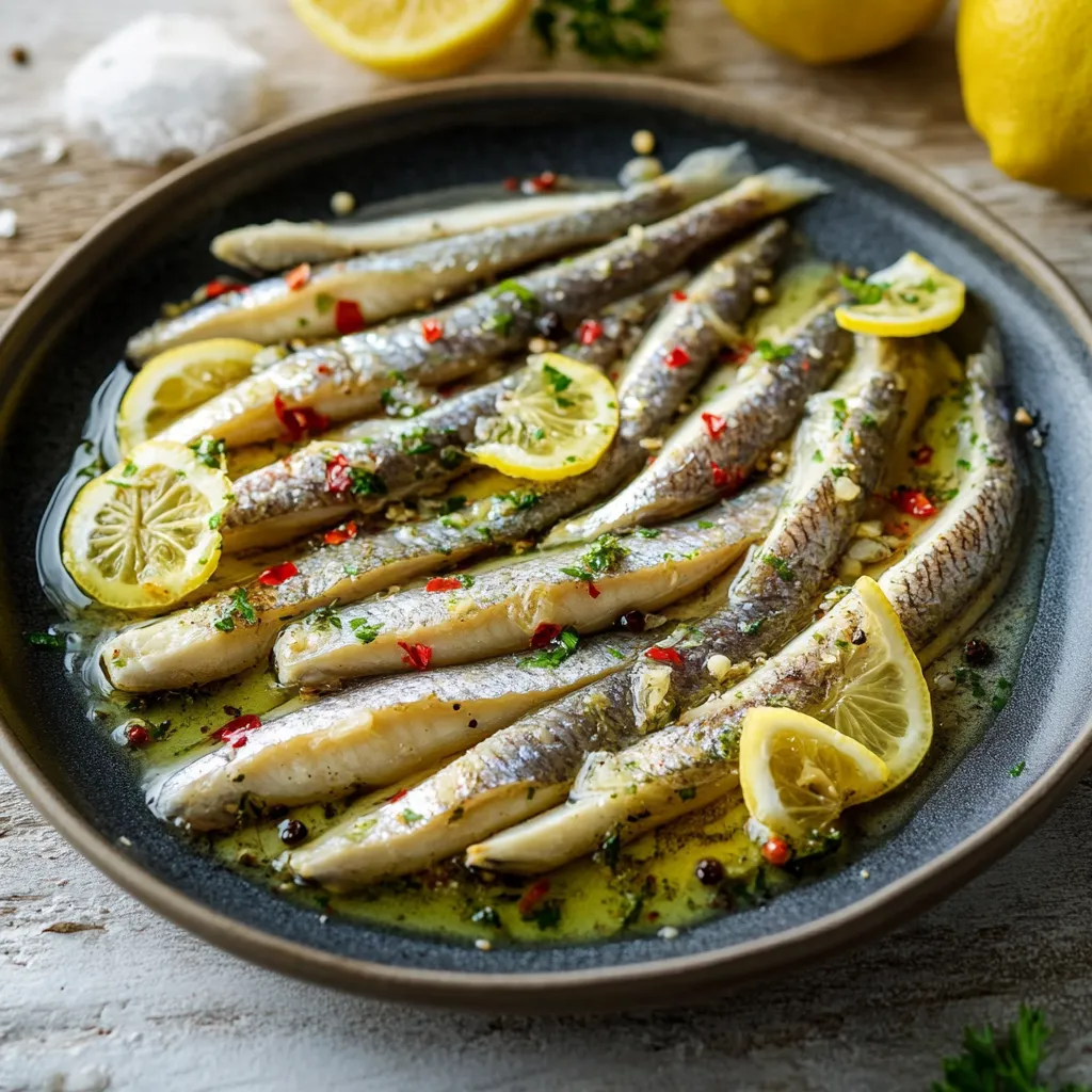 Piatti di pesce con limone e peperoncino.