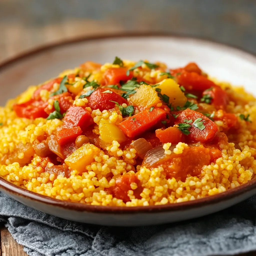 Piatto fondo con cous cous e verdure colorate.