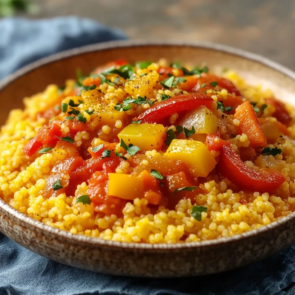 Cous cous colorato con verdure in ciotola.