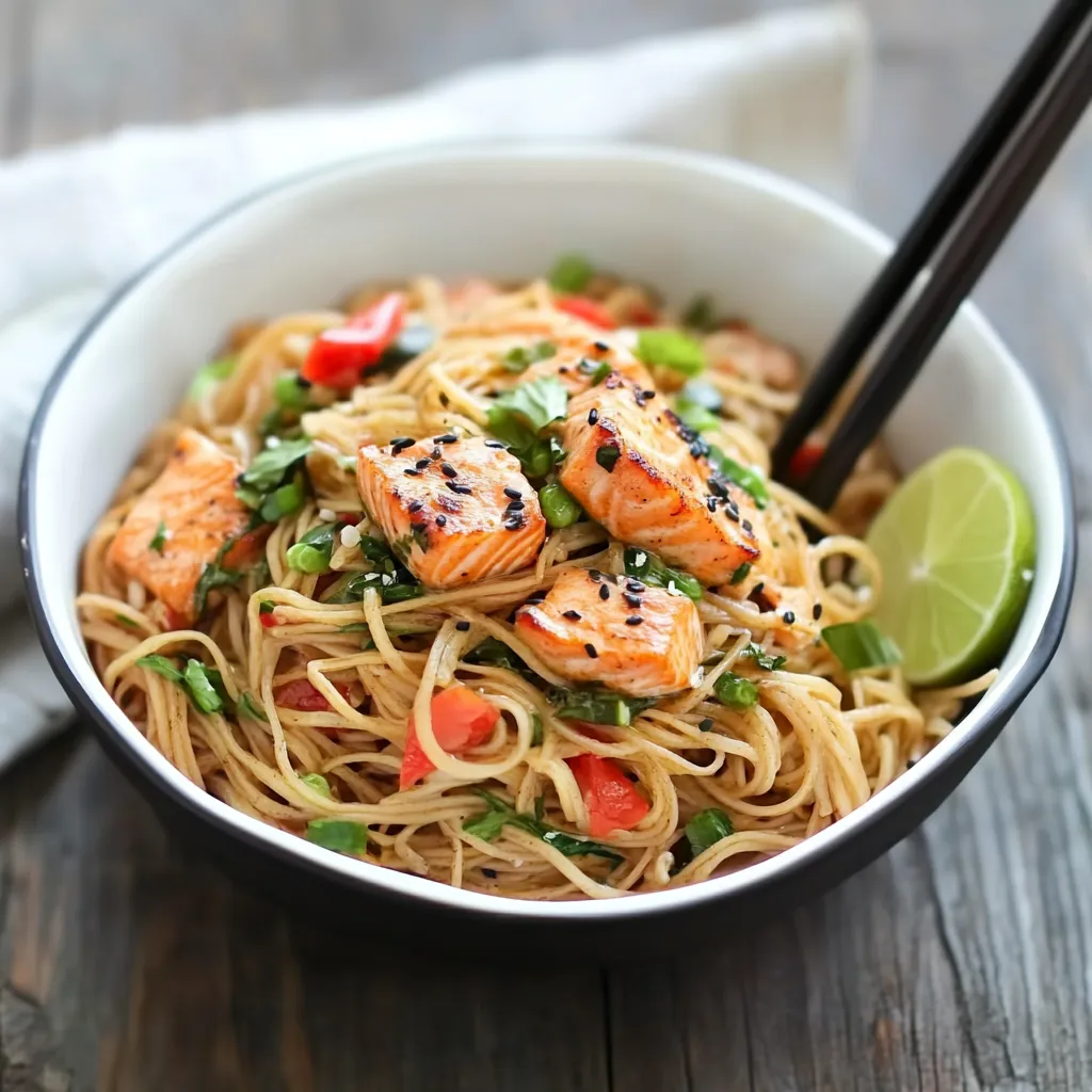 Spaghetti in ciotola con pesce e verdure colorate.