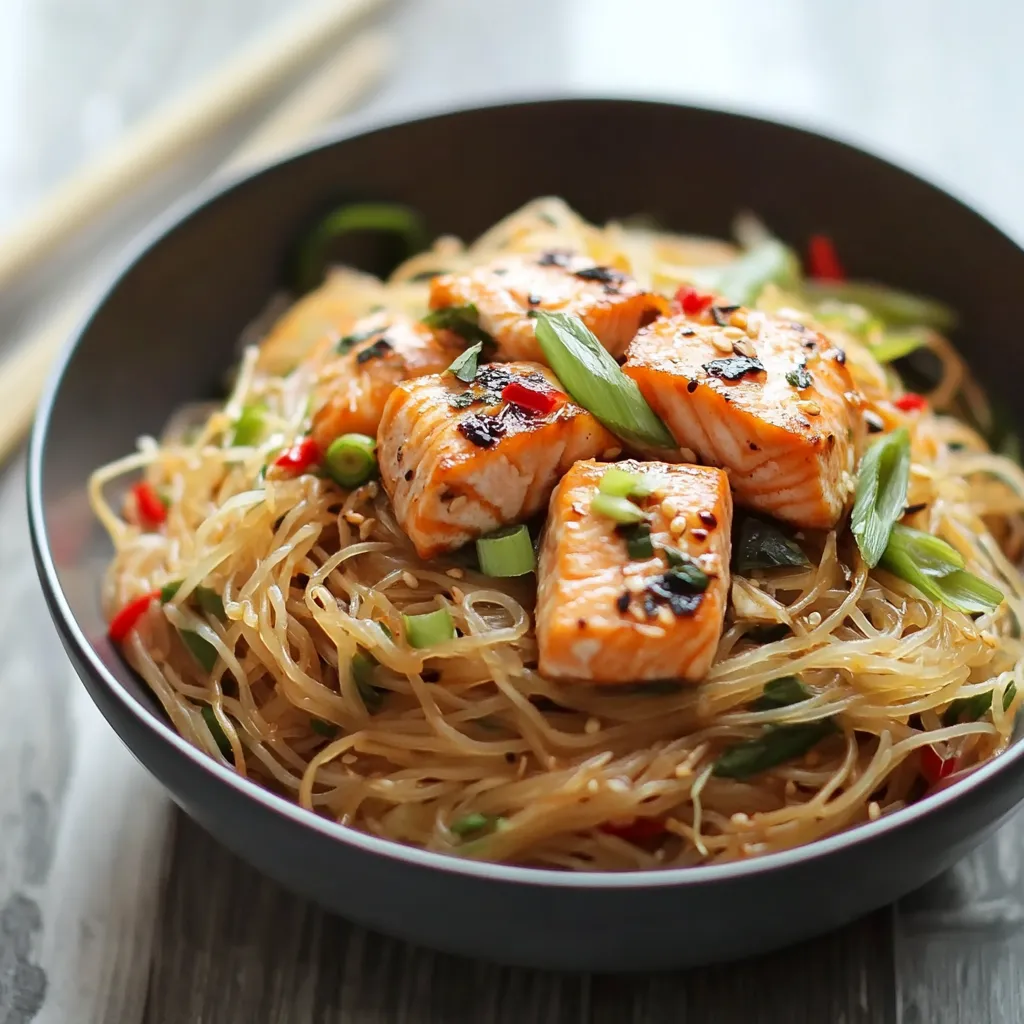 Noodles in ciotola con pesce e verdure fresche.
