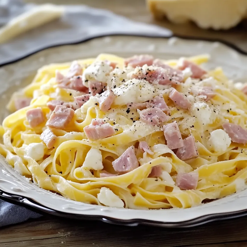 Pasta con prosciutto e mozzarella filante.