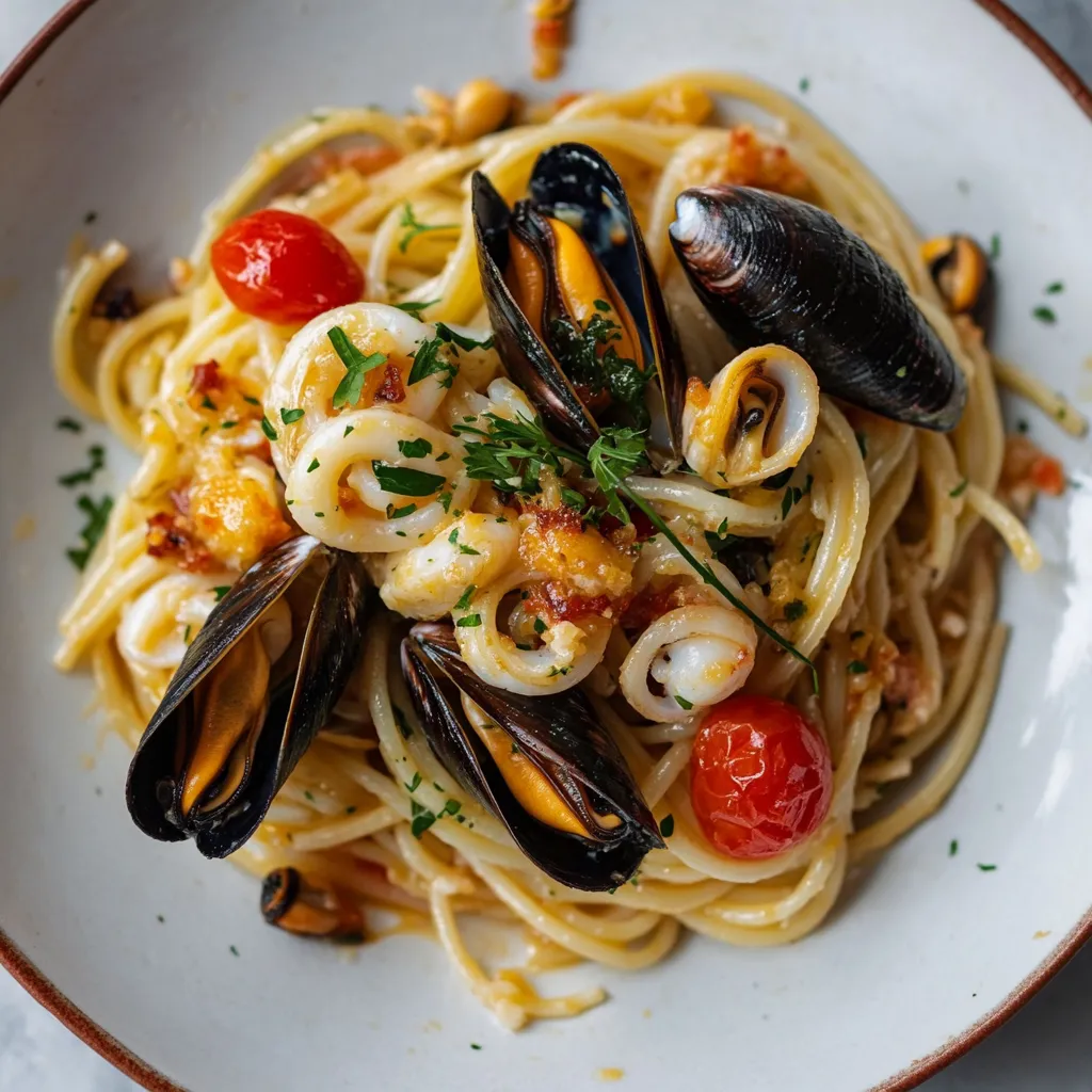 Pasta con pomodorini, molluschi e calamari.