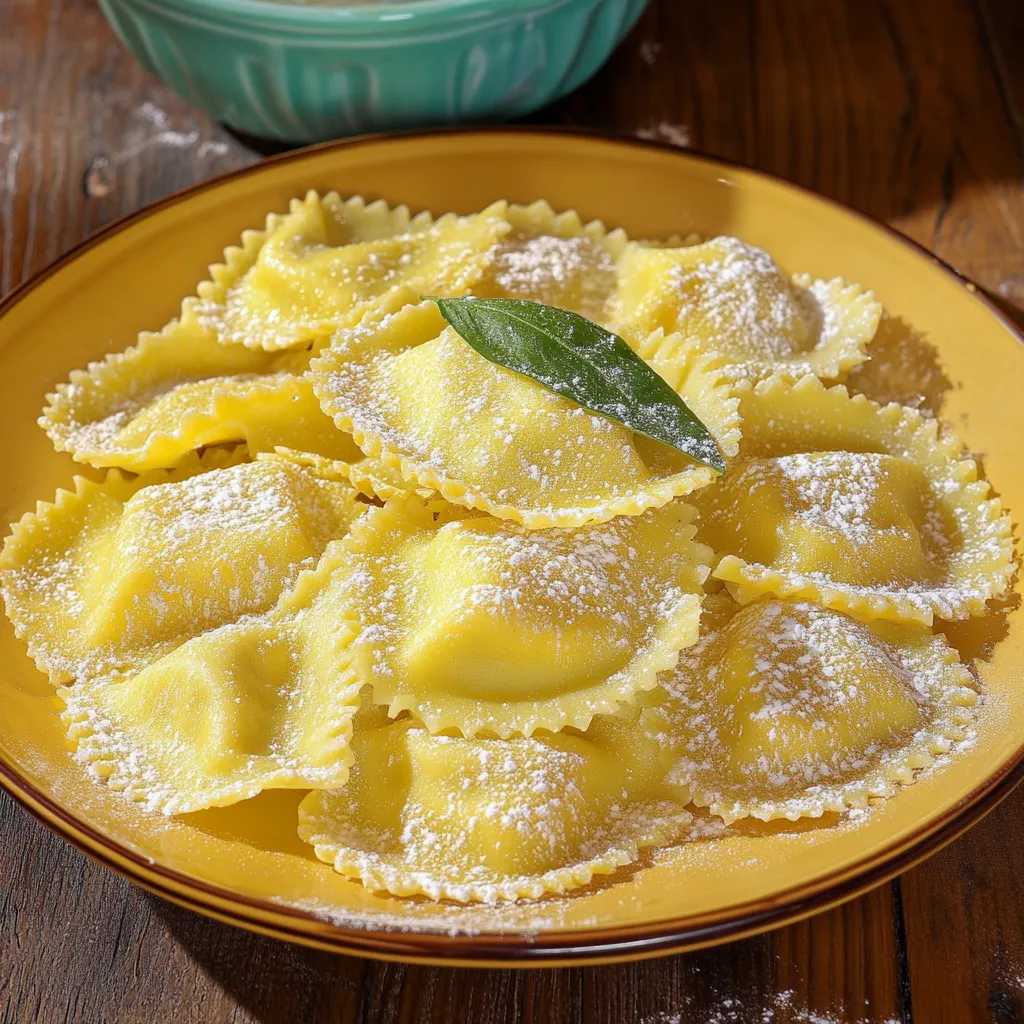 Pasta ripiena con foglie fresche.