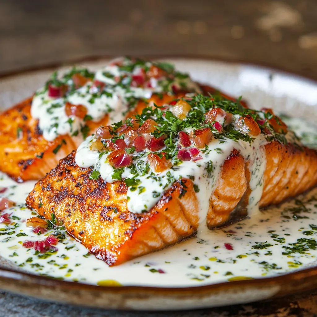 Salmone con salsa chiara impiattato.