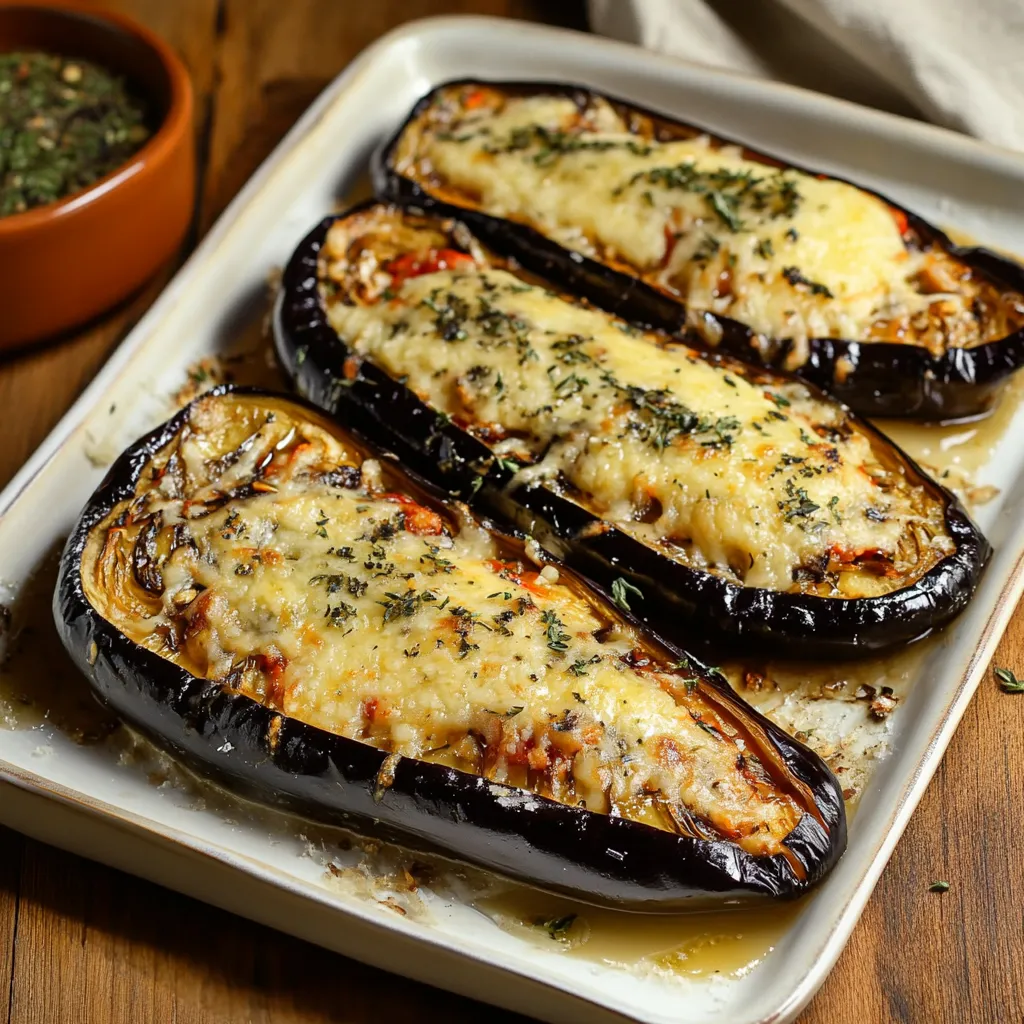 Due zucchine ripiene di formaggio con aromi verdi.