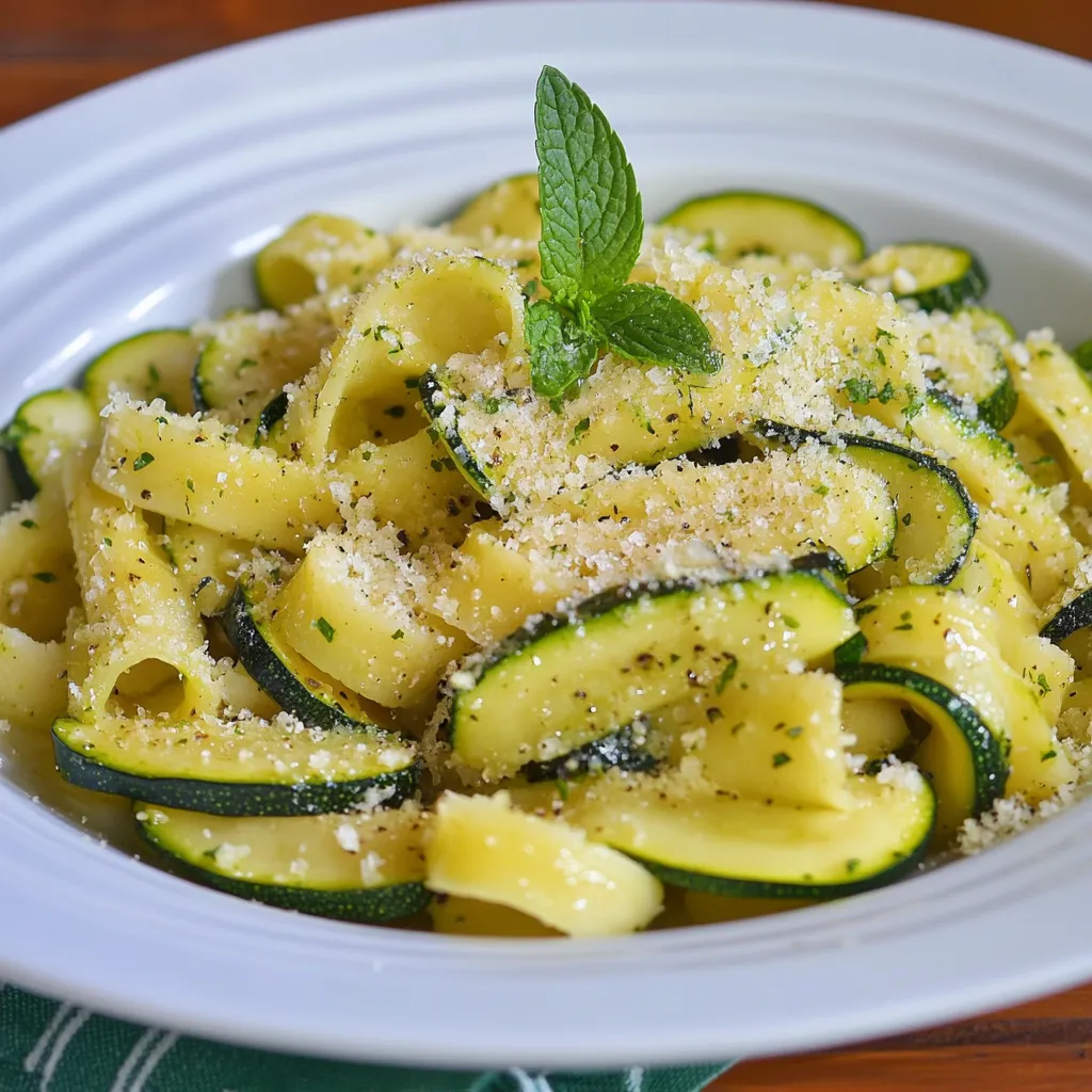 Un piatto di pasta con zucchine e un po' di basilico fresco.