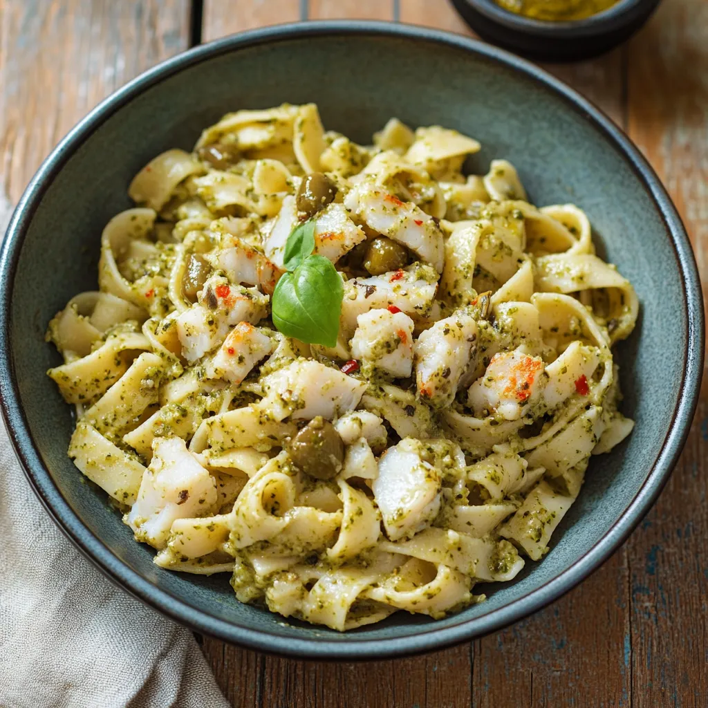 Una scodella di pasta con pesce e verdure.