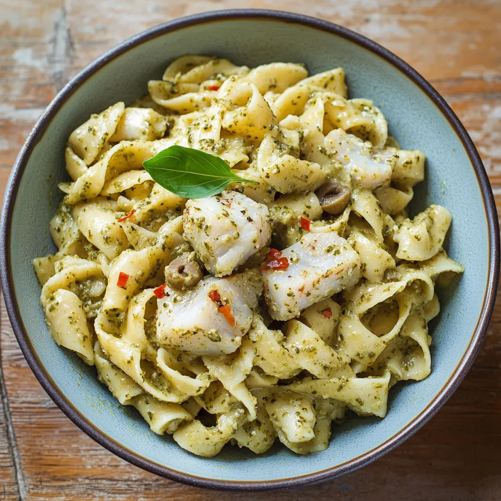 Una scodella di pasta con pesce e verdure.