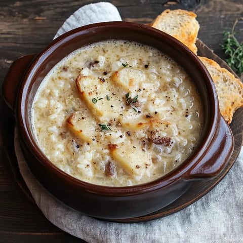 Una ciotola di zuppa con pane tostato.