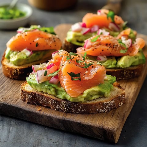 Fette di pane con salmone e avocado cremoso.