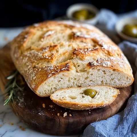 Focaccina con olive verdi e pezzetti di peperoncino.