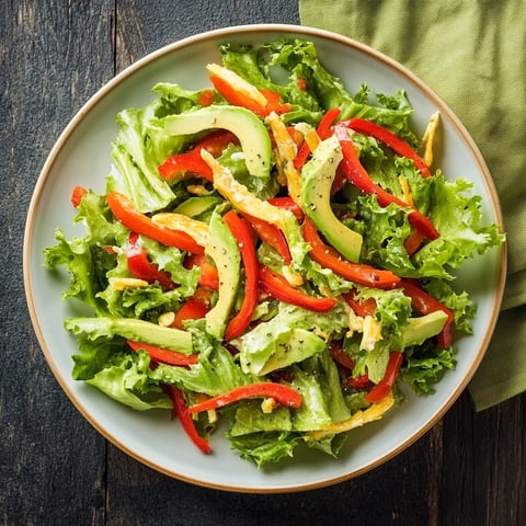 Ciotola con lattuga, peperoni e avocado freschi.