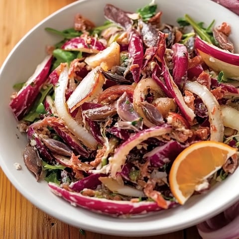 Ciotola con radicchio, acciughe e noci.