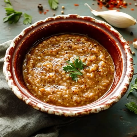 Ciotola con salsa tonnata e foglia di basilico.